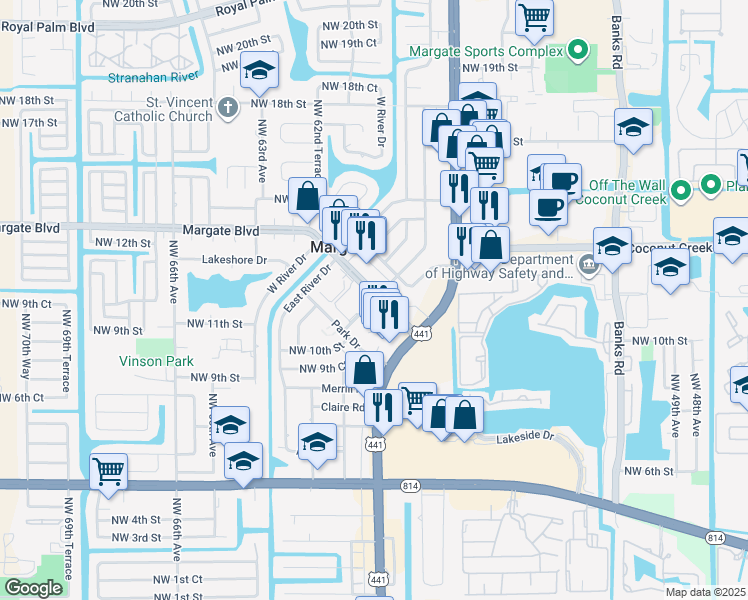 map of restaurants, bars, coffee shops, grocery stores, and more near 1189 Northwest 58th Avenue in Margate