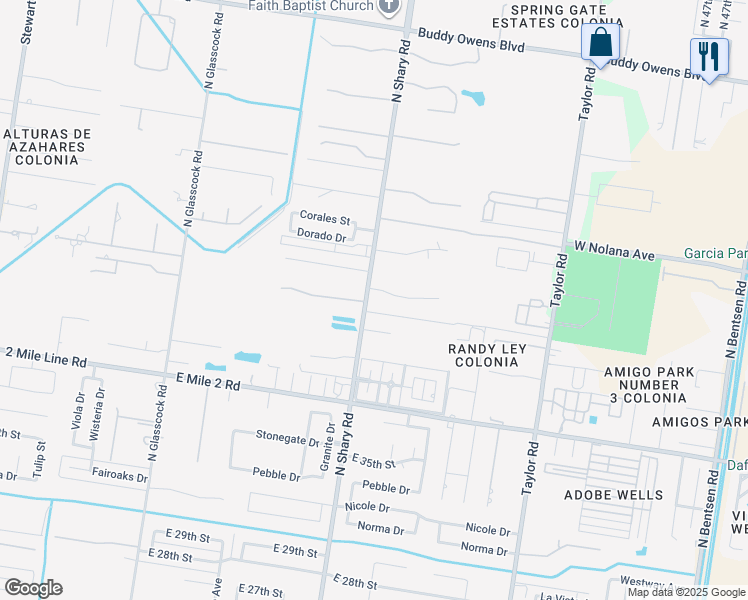 map of restaurants, bars, coffee shops, grocery stores, and more near 2400 Durango Drive in Mission