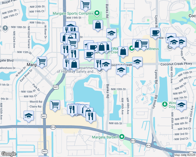 map of restaurants, bars, coffee shops, grocery stores, and more near 713 Banks Road in Margate