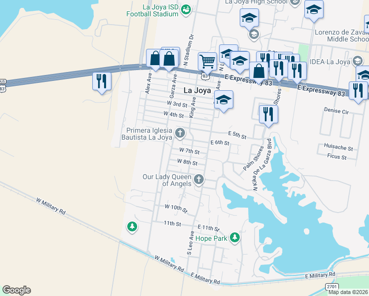 map of restaurants, bars, coffee shops, grocery stores, and more near 212 West 7th Street in La Joya