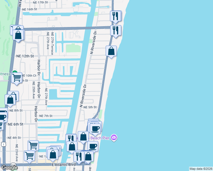 map of restaurants, bars, coffee shops, grocery stores, and more near 614 North Ocean Boulevard in Pompano Beach