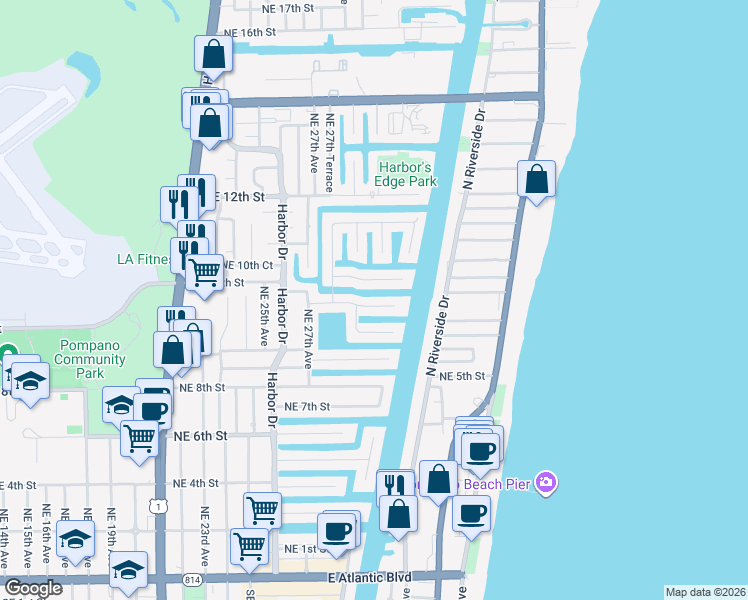 map of restaurants, bars, coffee shops, grocery stores, and more near 2781 Northeast 9th Court in Pompano Beach