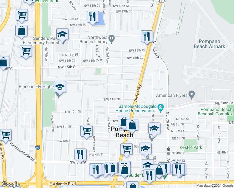 map of restaurants, bars, coffee shops, grocery stores, and more near 212 Northwest 12th Street in Pompano Beach