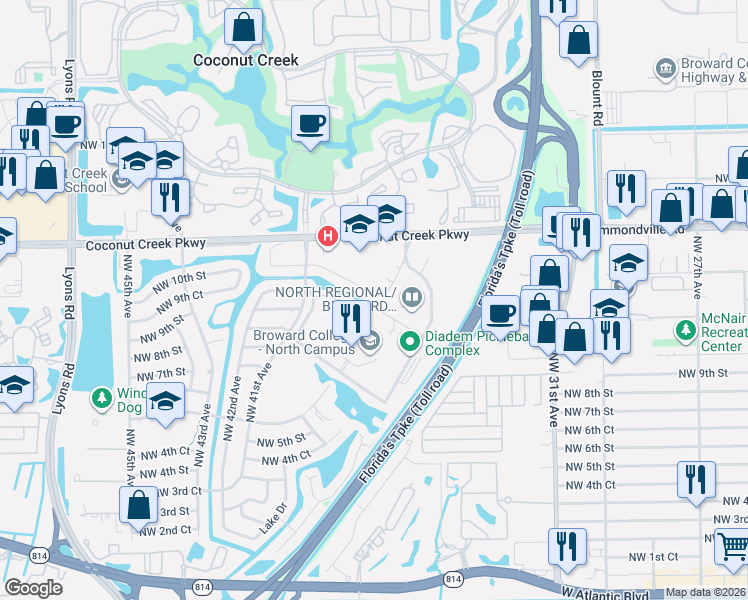 map of restaurants, bars, coffee shops, grocery stores, and more near 3710 Northwest 11th Street in Coconut Creek