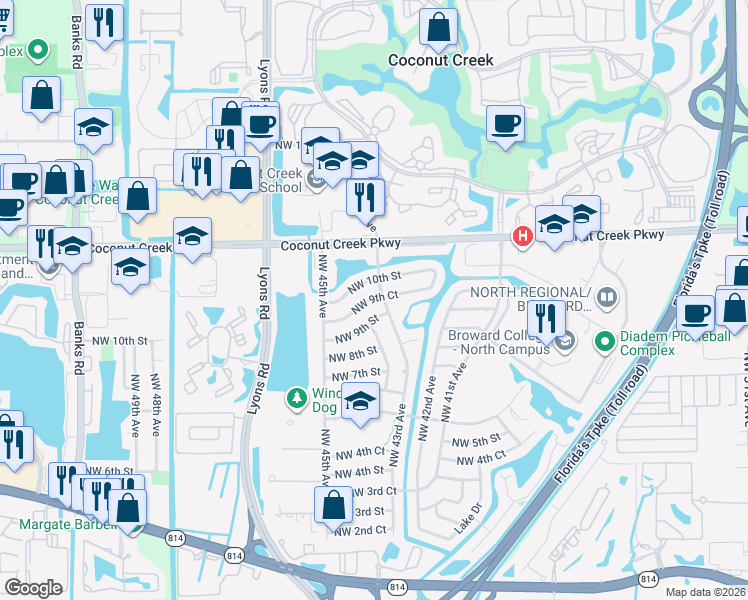 map of restaurants, bars, coffee shops, grocery stores, and more near 4331 Northwest 9th Court in Coconut Creek