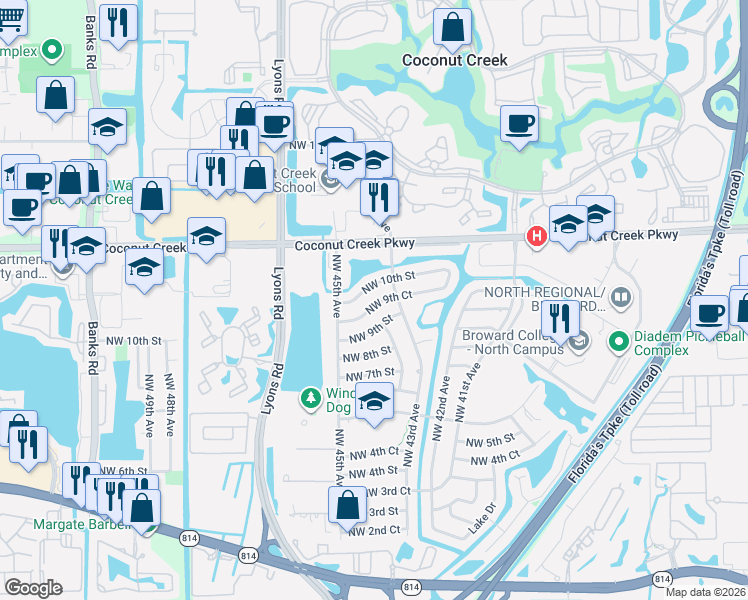 map of restaurants, bars, coffee shops, grocery stores, and more near 4331 Northwest 9th Court in Coconut Creek