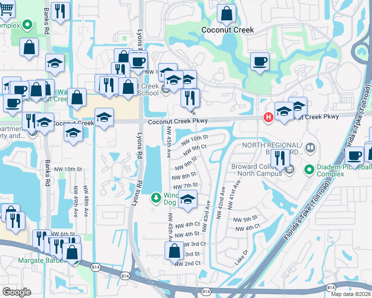 map of restaurants, bars, coffee shops, grocery stores, and more near 4331 Northwest 9th Court in Coconut Creek