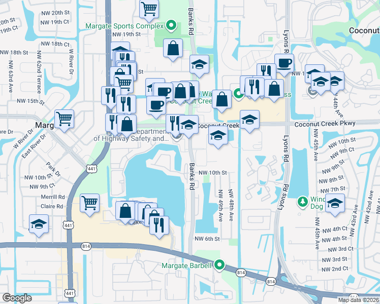 map of restaurants, bars, coffee shops, grocery stores, and more near 1121 Banks Road in Margate