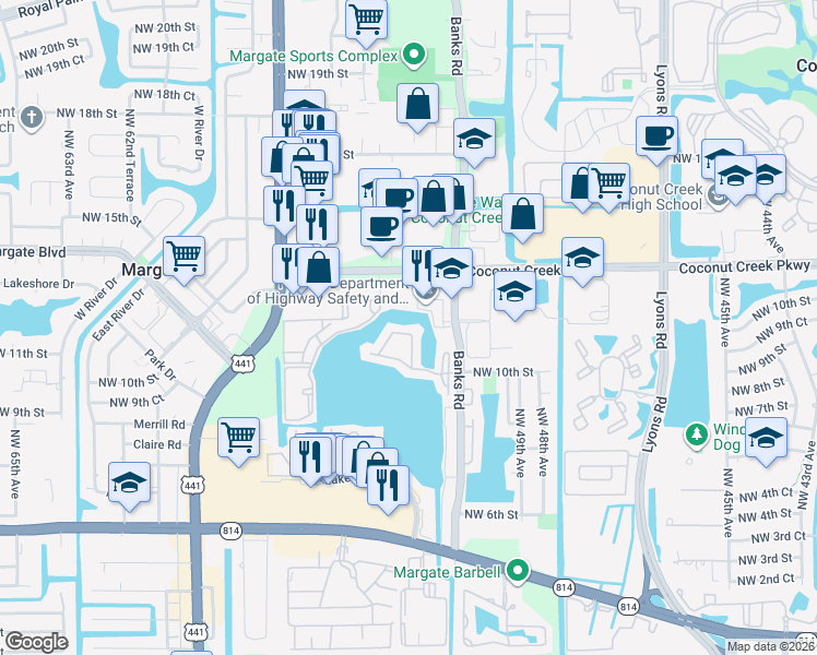 map of restaurants, bars, coffee shops, grocery stores, and more near 713 Banks Road in Margate