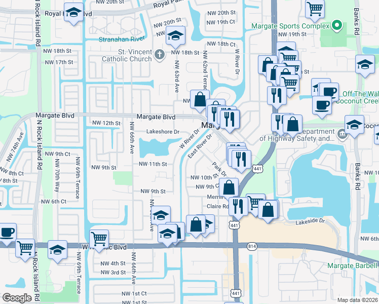 map of restaurants, bars, coffee shops, grocery stores, and more near 1120 East River Drive in Margate