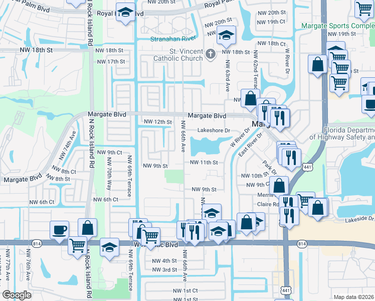 map of restaurants, bars, coffee shops, grocery stores, and more near 1113 Northwest 65th Avenue in Margate