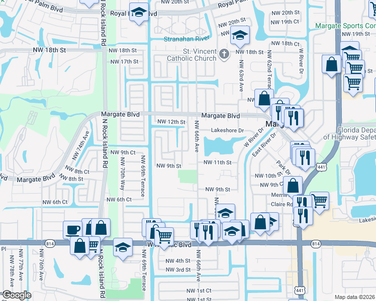 map of restaurants, bars, coffee shops, grocery stores, and more near 1000 Northwest 66th Terrace in Margate