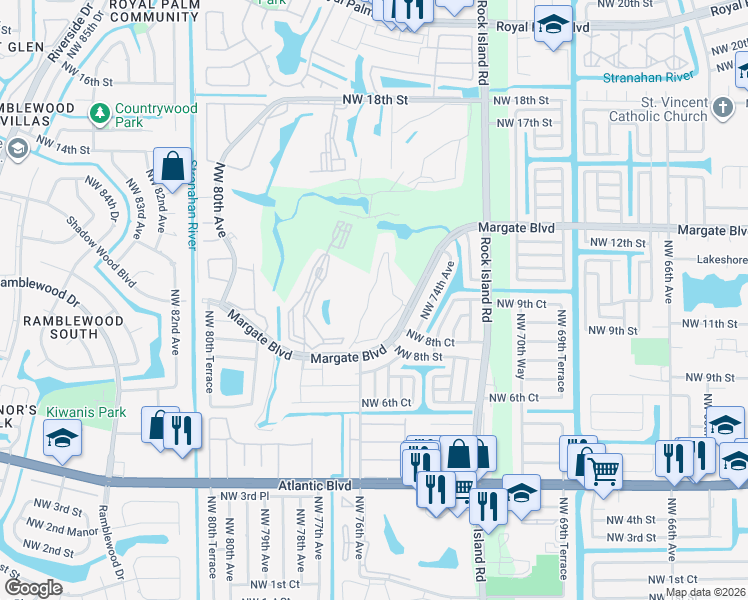 map of restaurants, bars, coffee shops, grocery stores, and more near 7837 Golf Circle Drive in Margate
