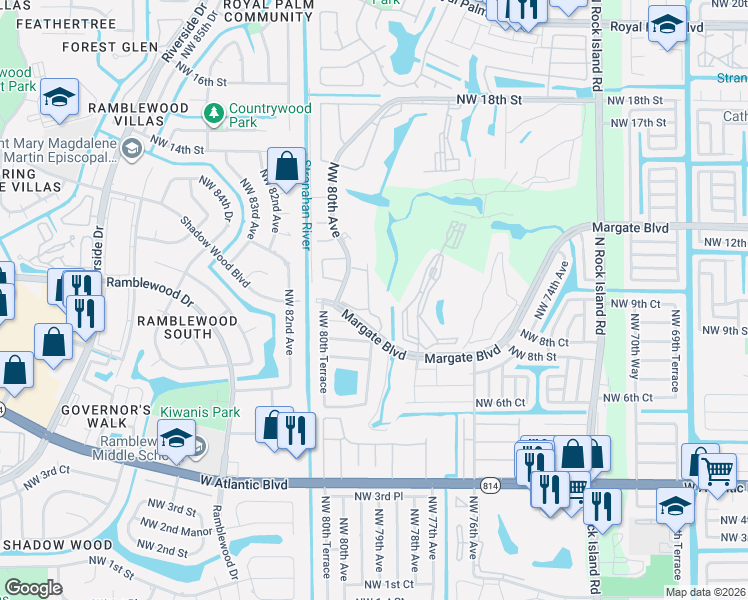 map of restaurants, bars, coffee shops, grocery stores, and more near 7895 Margate Boulevard in Margate