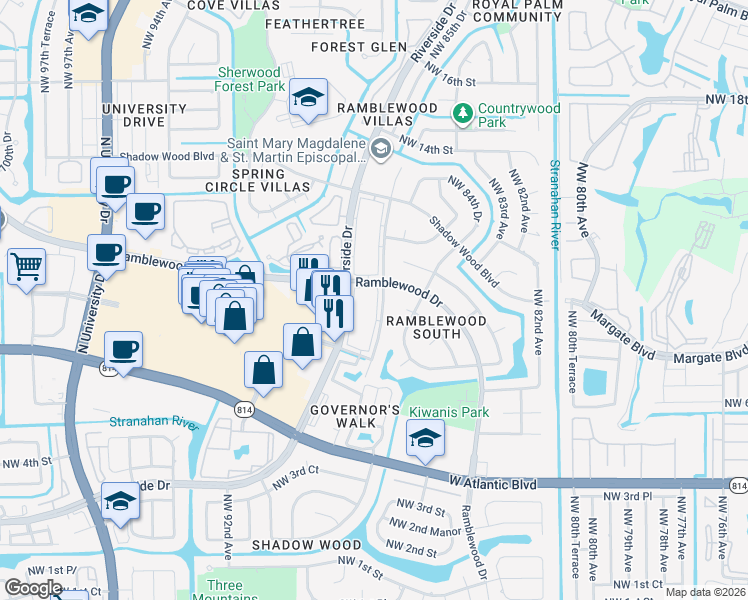 map of restaurants, bars, coffee shops, grocery stores, and more near 977 Riverside Drive in Coral Springs
