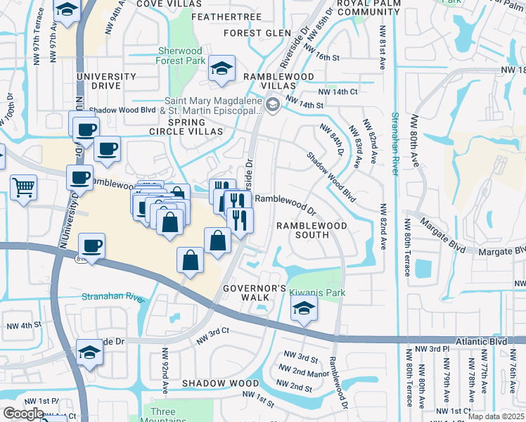 map of restaurants, bars, coffee shops, grocery stores, and more near 977 Riverside Drive in Coral Springs