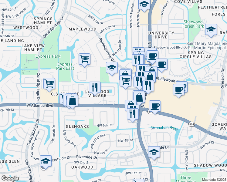 map of restaurants, bars, coffee shops, grocery stores, and more near 9963 Twin Lakes Drive in Coral Springs