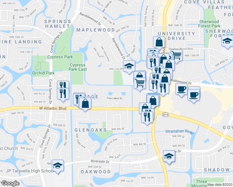 map of restaurants, bars, coffee shops, grocery stores, and more near 897 Twin Lakes Drive in Coral Springs