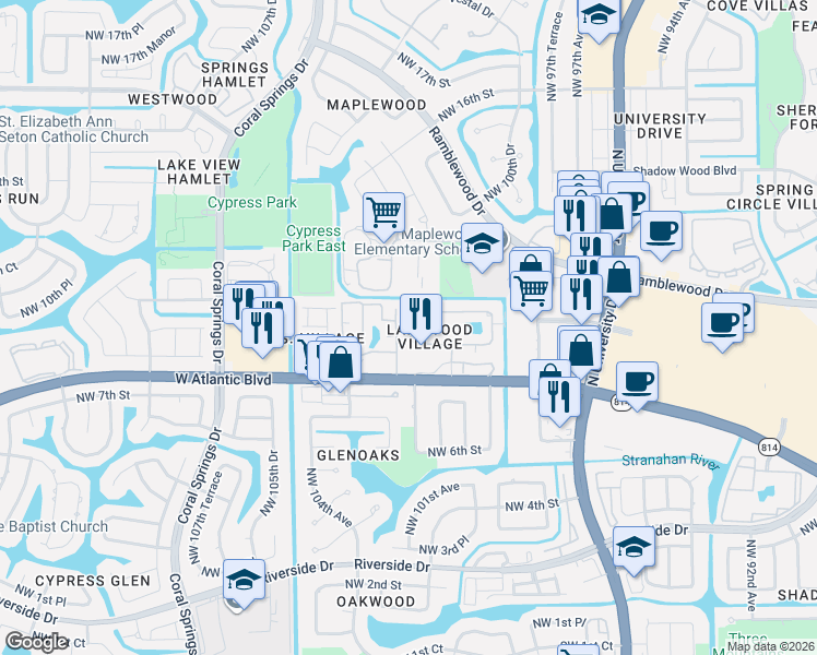 map of restaurants, bars, coffee shops, grocery stores, and more near 848 Twin Lakes Drive in Coral Springs