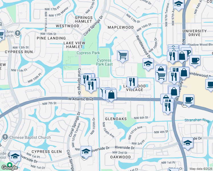 map of restaurants, bars, coffee shops, grocery stores, and more near 10407 Northwest 9th Manor in Coral Springs