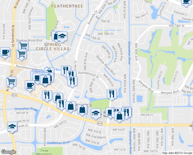 map of restaurants, bars, coffee shops, grocery stores, and more near 998 Ramblewood Drive in Coral Springs