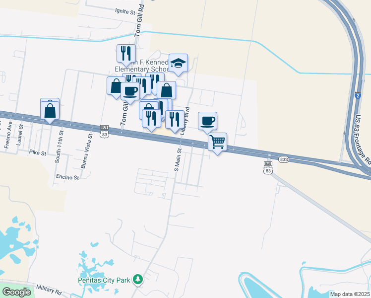 map of restaurants, bars, coffee shops, grocery stores, and more near 1908 East Expressway 83 in Penitas