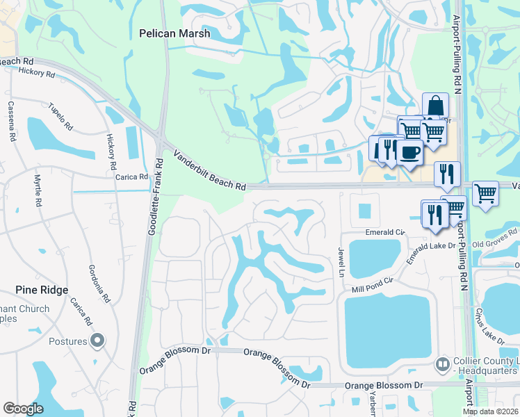 map of restaurants, bars, coffee shops, grocery stores, and more near 8128 La Palmas Way in Naples