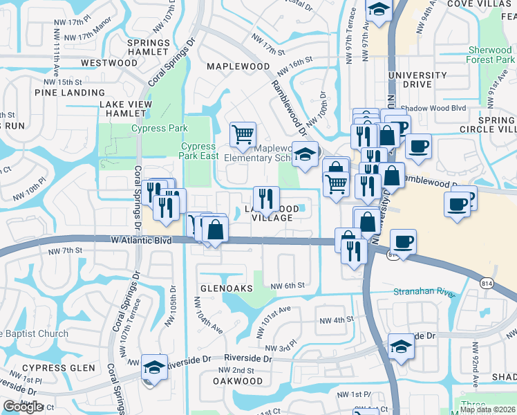 map of restaurants, bars, coffee shops, grocery stores, and more near 848 Twin Lakes Drive in Coral Springs