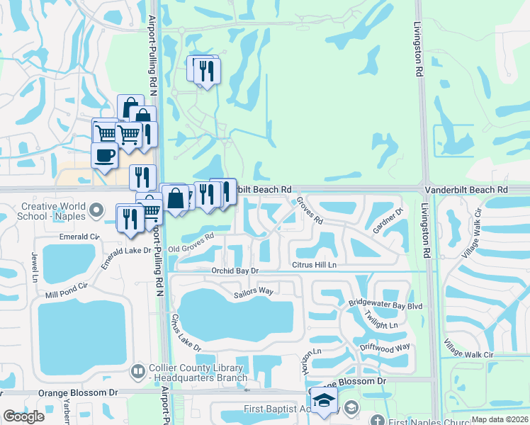 map of restaurants, bars, coffee shops, grocery stores, and more near 2565 Old Groves Road in Naples