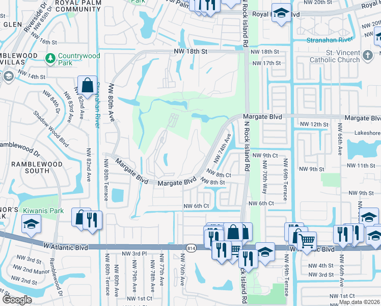 map of restaurants, bars, coffee shops, grocery stores, and more near 7837 Golf Circle Drive in Margate
