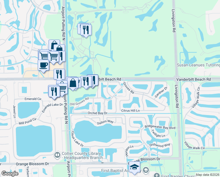 map of restaurants, bars, coffee shops, grocery stores, and more near 2565 Old Groves Road in Naples