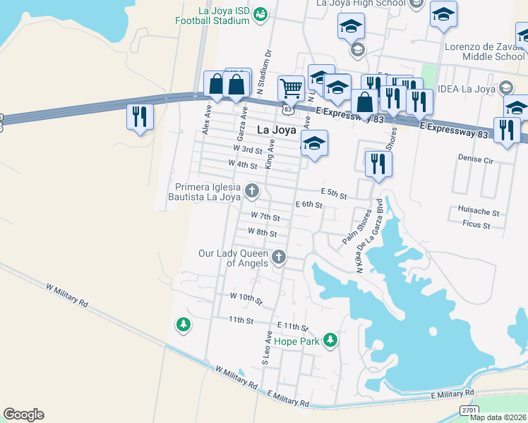 map of restaurants, bars, coffee shops, grocery stores, and more near 212 West 7th Street in La Joya