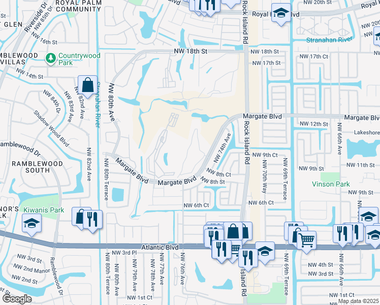 map of restaurants, bars, coffee shops, grocery stores, and more near 7837 Golf Circle Drive in Margate