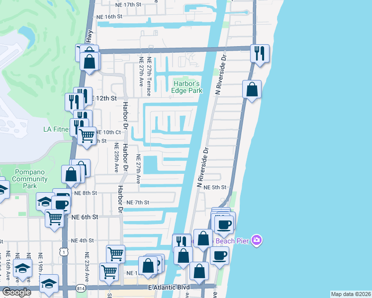 map of restaurants, bars, coffee shops, grocery stores, and more near 2841 Northeast 9th Court in Pompano Beach