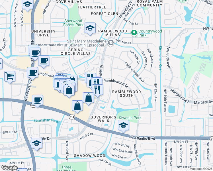 map of restaurants, bars, coffee shops, grocery stores, and more near 977 Riverside Drive in Coral Springs
