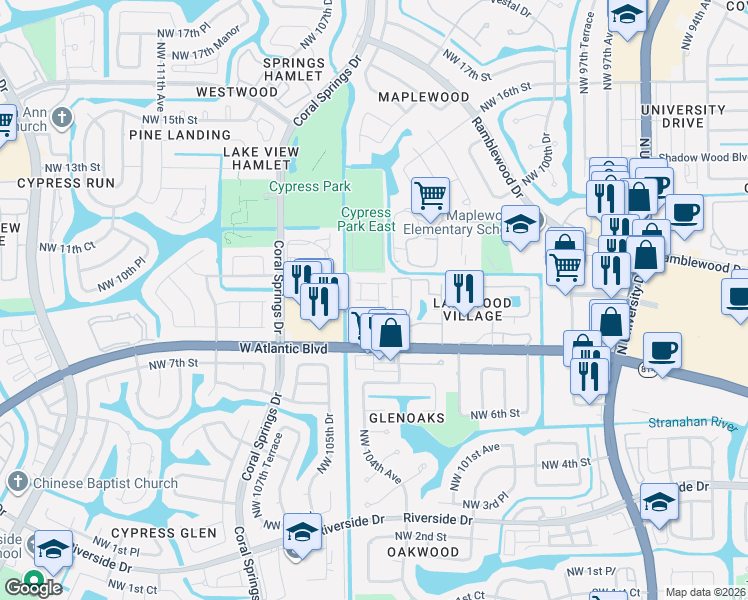 map of restaurants, bars, coffee shops, grocery stores, and more near 10407 Northwest 9th Manor in Coral Springs