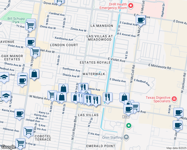 map of restaurants, bars, coffee shops, grocery stores, and more near 133 Sunflower Avenue in McAllen