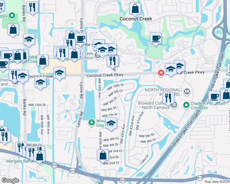 map of restaurants, bars, coffee shops, grocery stores, and more near 4331 Northwest 9th Court in Coconut Creek