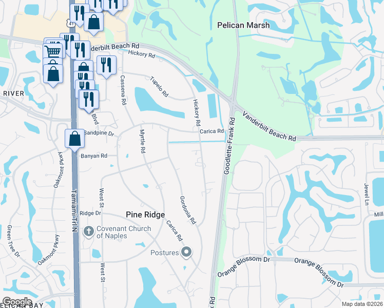 map of restaurants, bars, coffee shops, grocery stores, and more near 669 Hickory Road in Naples