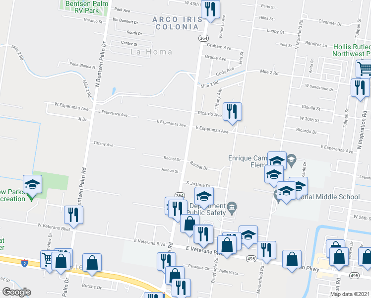 map of restaurants, bars, coffee shops, grocery stores, and more near 1215 Texas 364 in Mission