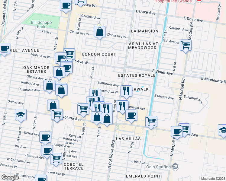 map of restaurants, bars, coffee shops, grocery stores, and more near 308 Shasta Avenue in McAllen