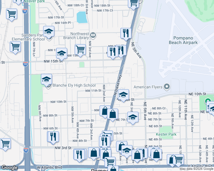map of restaurants, bars, coffee shops, grocery stores, and more near 116 Northwest 12th Street in Pompano Beach