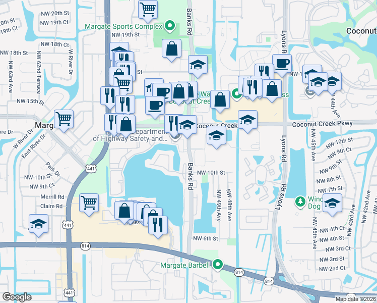 map of restaurants, bars, coffee shops, grocery stores, and more near 1121 Banks Road in Margate