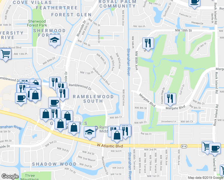 map of restaurants, bars, coffee shops, grocery stores, and more near 8296 Shadow Wood Boulevard in Coral Springs