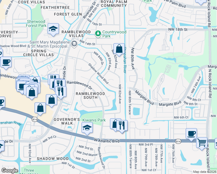 map of restaurants, bars, coffee shops, grocery stores, and more near 8296 Shadow Wood Boulevard in Coral Springs