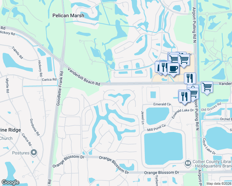 map of restaurants, bars, coffee shops, grocery stores, and more near 8148 La Palmas Way in Naples
