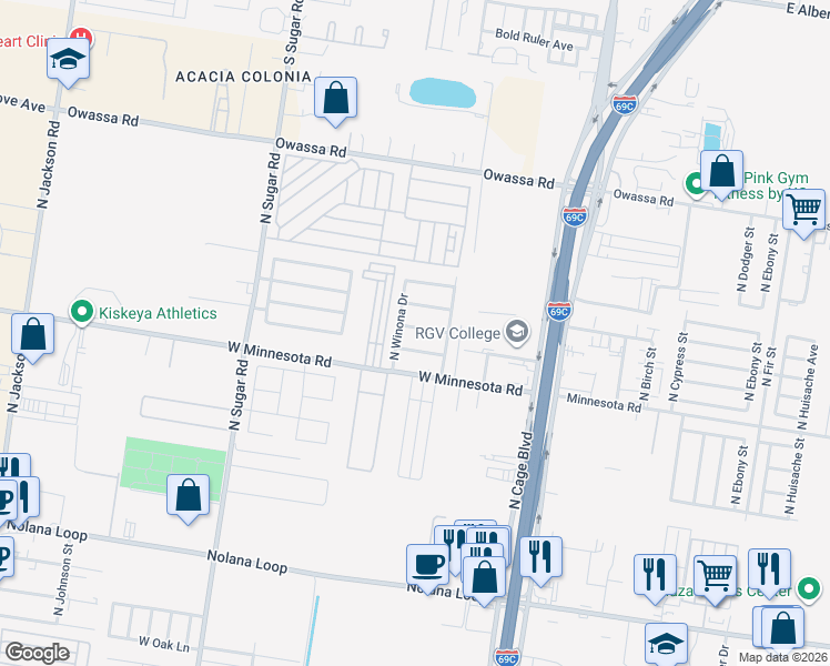 map of restaurants, bars, coffee shops, grocery stores, and more near 407 West Cheyenne Avenue in Pharr