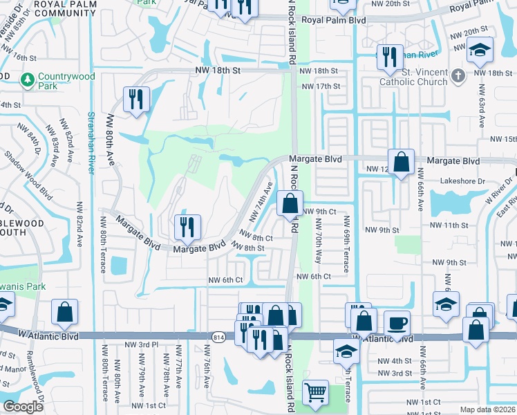 map of restaurants, bars, coffee shops, grocery stores, and more near 1095 Northwest 73rd Terrace in Margate