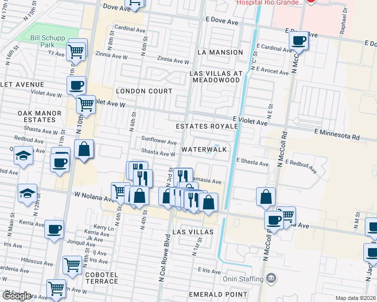 map of restaurants, bars, coffee shops, grocery stores, and more near 4505 North 1st Lane in McAllen