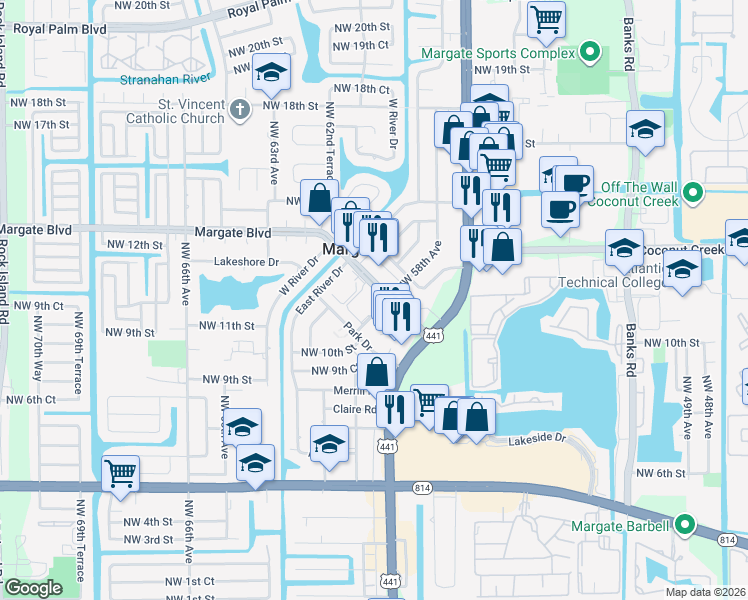 map of restaurants, bars, coffee shops, grocery stores, and more near 1189 Northwest 58th Avenue in Margate